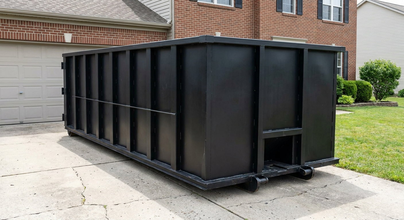 Matte-black 20-yard roll-off container on a San Clemente residential concrete driveway with reinforced ribbed steel sidewalls and a hinged rear walk-in door, clean bright daylight.
