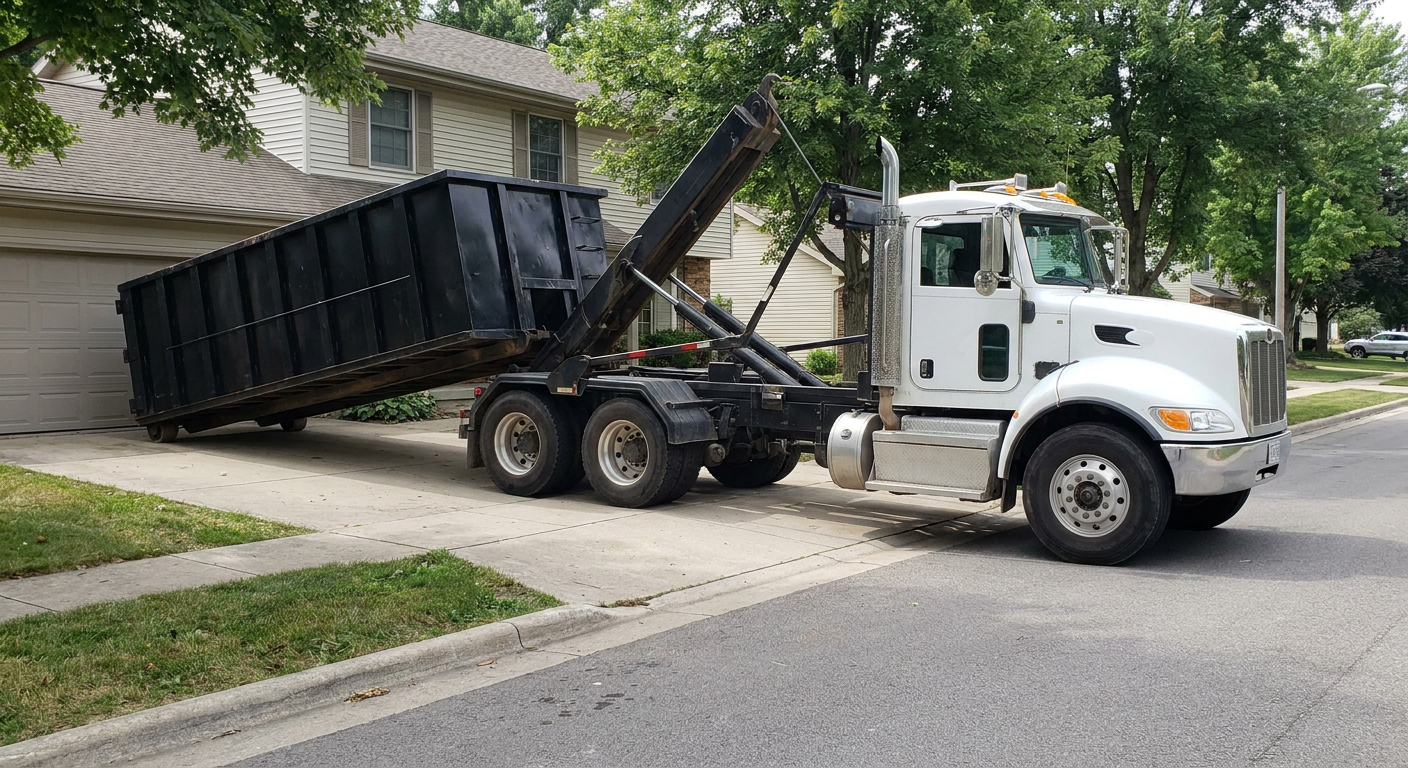 White-cab hooklift roll-off truck actively lowering a matte-black dumpster onto a San Clemente residential concrete driveway, the dumpster's rear wheels touching the driveway as the hoist arm tilts the bed forward, mid-morning daylight.