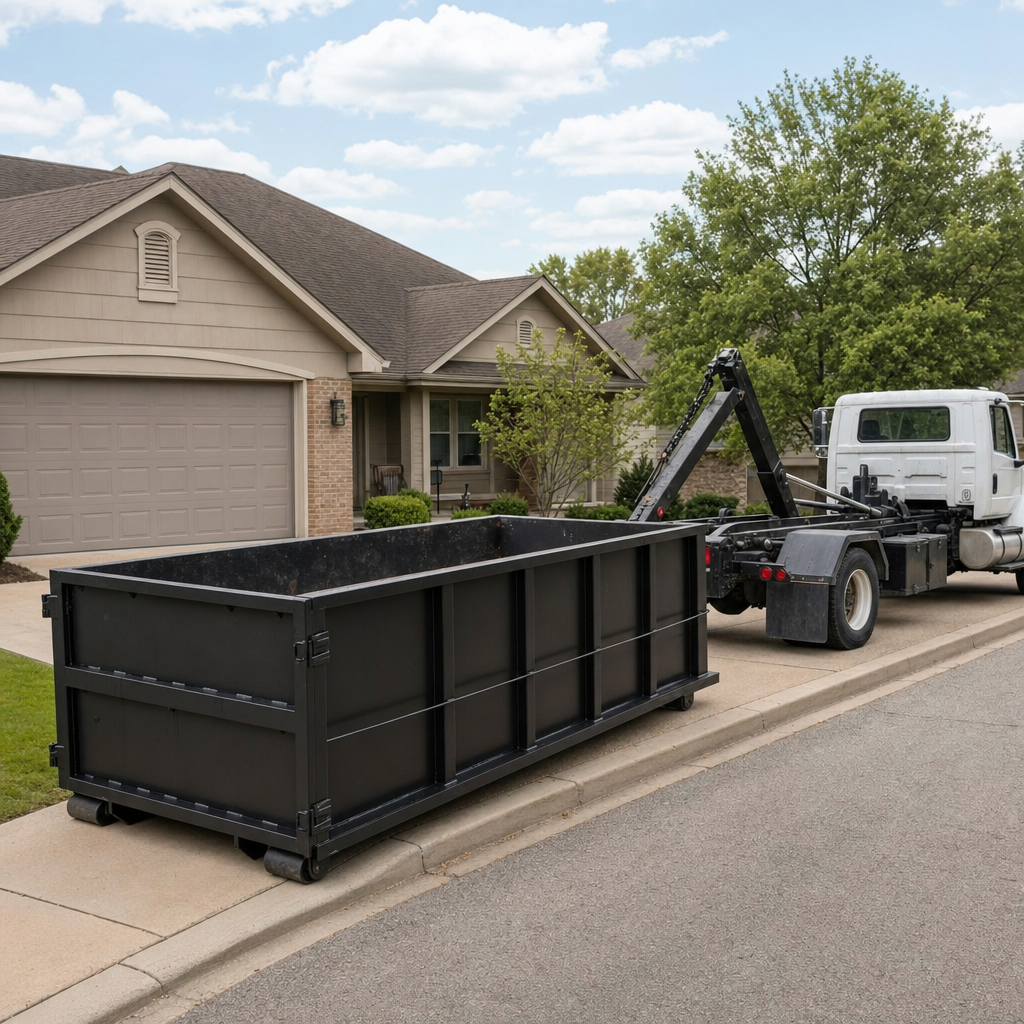 Wide documentary shot of a matte-black roll-off dumpster on a San Clemente residential driveway in the foreground and a contractor jobsite container in the soft-focus background, bright daylight, calm and orderly composition.