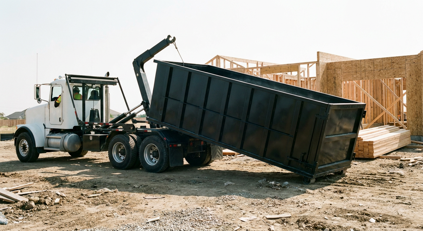 Matte-black roll-off dumpster being delivered onto a clean residential concrete driveway in San Clemente by an unmarked white hooklift hauler truck, bright morning daylight, documentary 35mm perspective.